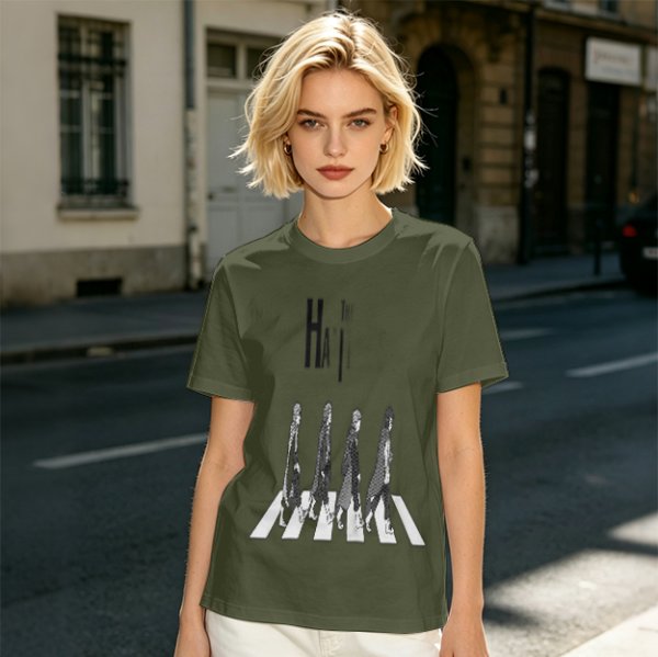 Olive T-Shirt With Anime Characters Crossing Crosswalk Print