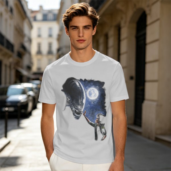 Olive Green Alien Moon Reaching Graphic T-Shirt