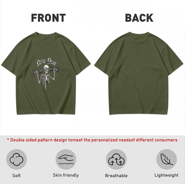 Olive T-Shirt With Skeleton Lifting Weights New Year Print