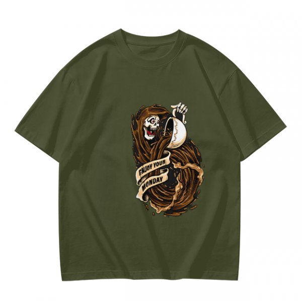 Olive T-Shirt With Grim Reaper Coffee Enjoy Your Monday Print