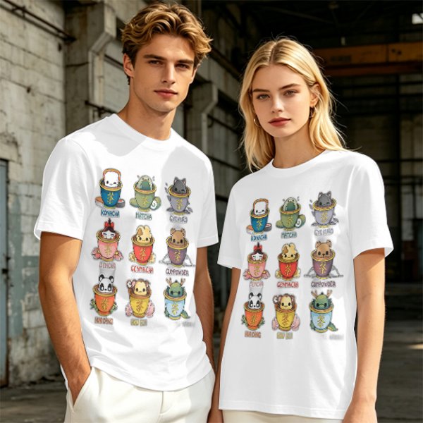 Olive T-Shirt With Cute Animal Teacup Character Print