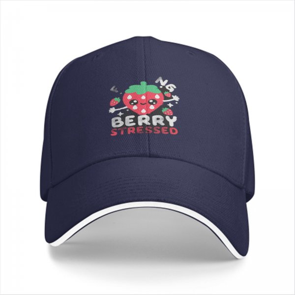 Black baseball cap with 'Berry Stressed' crying strawberry graphic