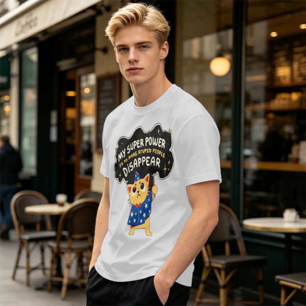 Olive T-shirt with Wizard Cat 'My Super Power Is To Make Stupid People Disappear' Print