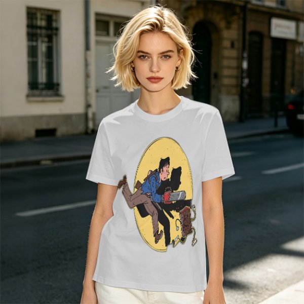 Olive T-shirt with Cartoon Chainsaw Action Character Print
