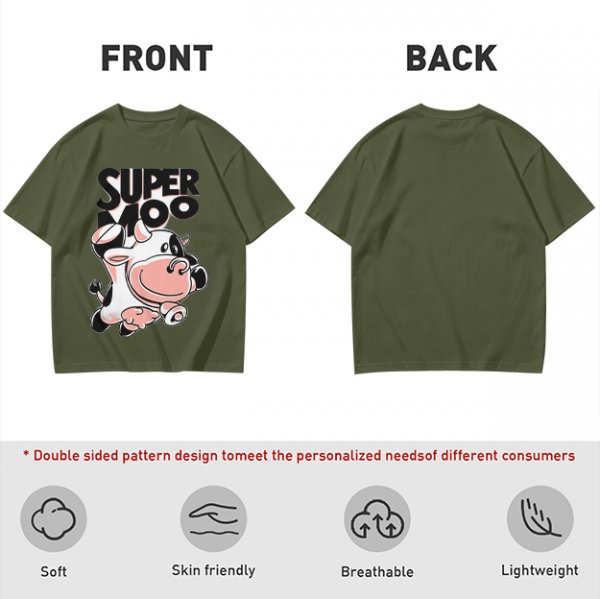 Olive green t-shirt with 'SUPER MOO' and cartoon cow graphic