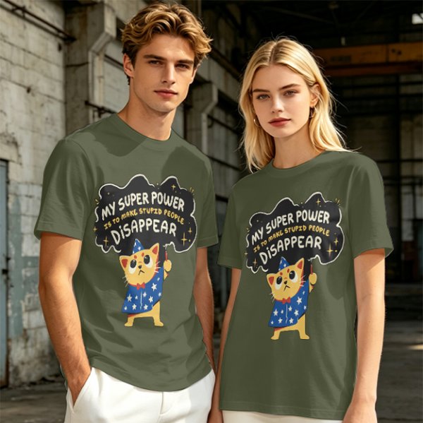 Olive T-shirt with Wizard Cat 'My Super Power Is To Make Stupid People Disappear' Print