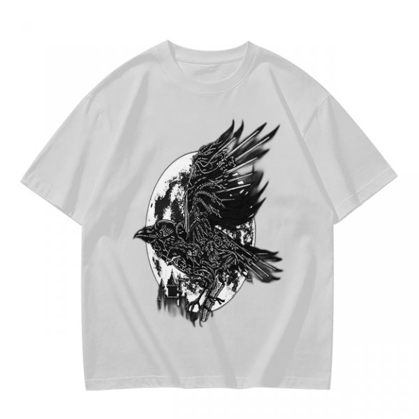 Olive Graphic T-Shirt with Mechanical Raven and Full Moon Print