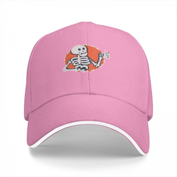 Black baseball cap with skeleton holding coffee cup graphic