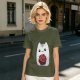 Olive T-Shirt With Cute White Cat Holding D20 Dice Print