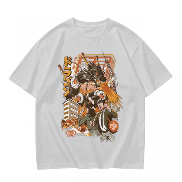 Olive green anime graphic t-shirt with monster and city scene