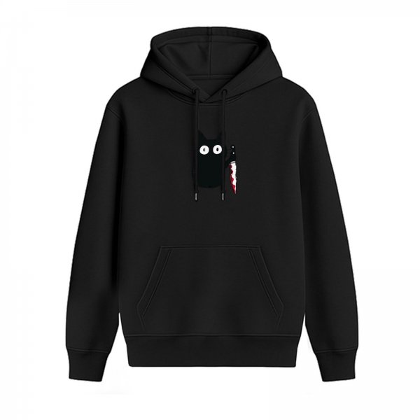 Black hoodie with cartoon black cat holding bloody knife graphic