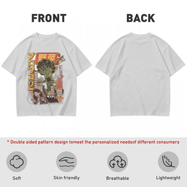 Olive T-shirt with Giant Broccoli Monster Attacking City Art