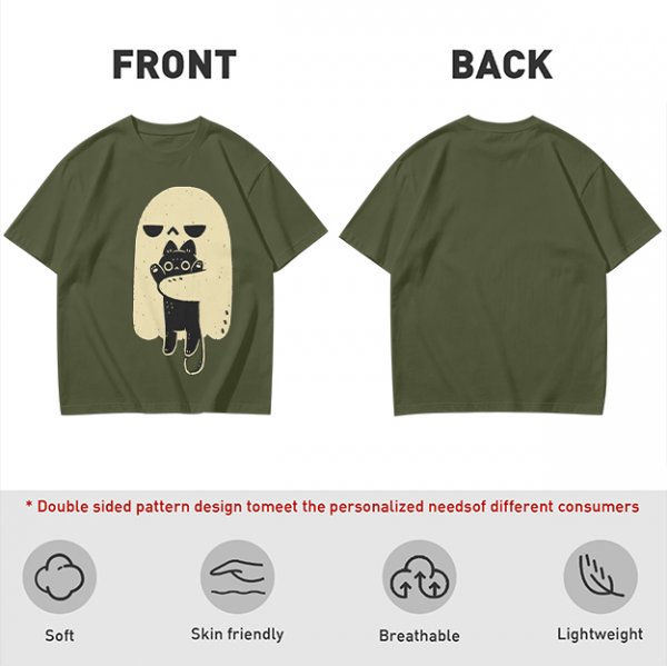 Olive T-Shirt With Ghost Holding Black Cat Graphic