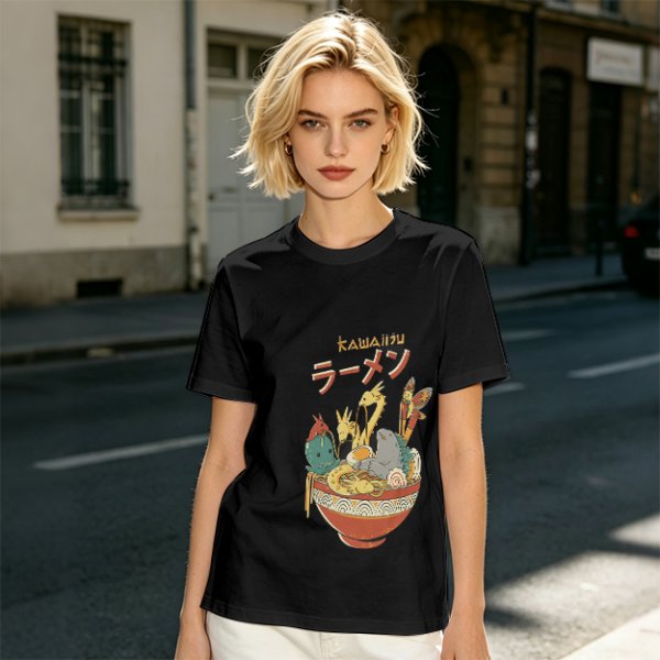 Olive T-Shirt with Kawaii Ramen Monster Bowl Graphic