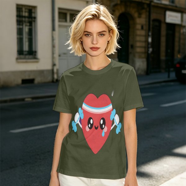Olive T-Shirt With Cute Cartoon Heart Lifting Dumbbells Print