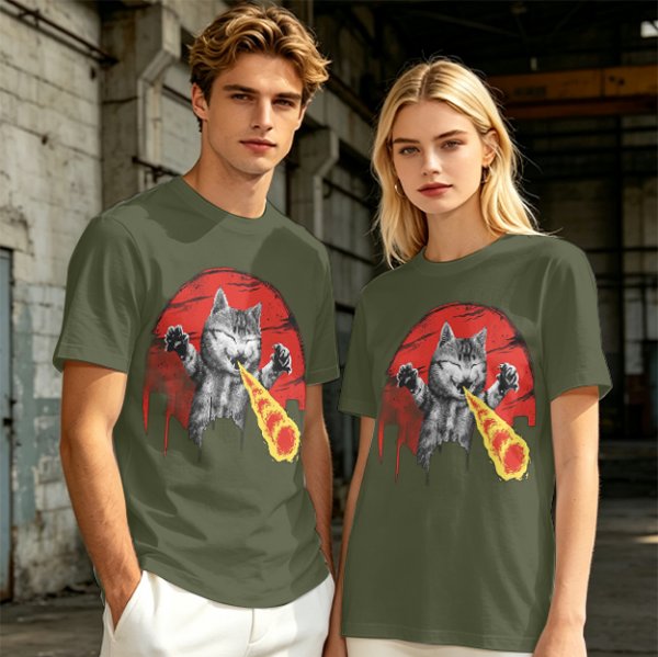 Olive T-Shirt With Laser Beam Shooting Cat Graphic