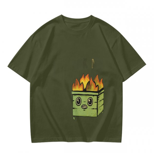 Olive Green T-Shirt With Cartoon Burning Dumpster Graphic