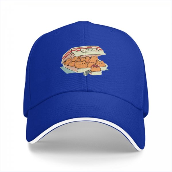 Black baseball cap with kitten nuggets takeout box graphic