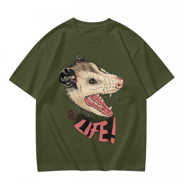 Olive T-Shirt With Aggressive Opossum 'LIFE!' Graphic Print