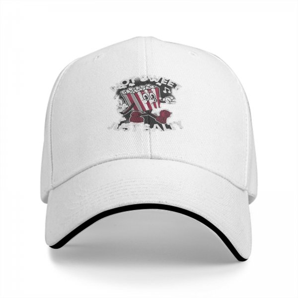 Black baseball cap with 'Not Sweet Just Salty' dancing popcorn graphic