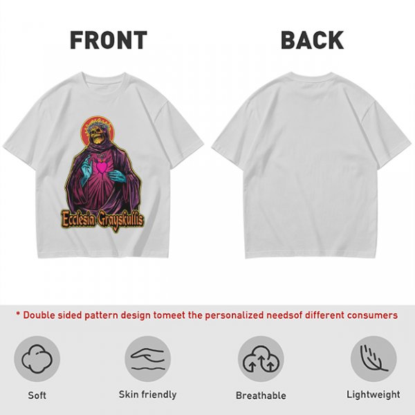 Olive t-shirt with skeleton religious graphic and Ecclesia Grayskullis text
