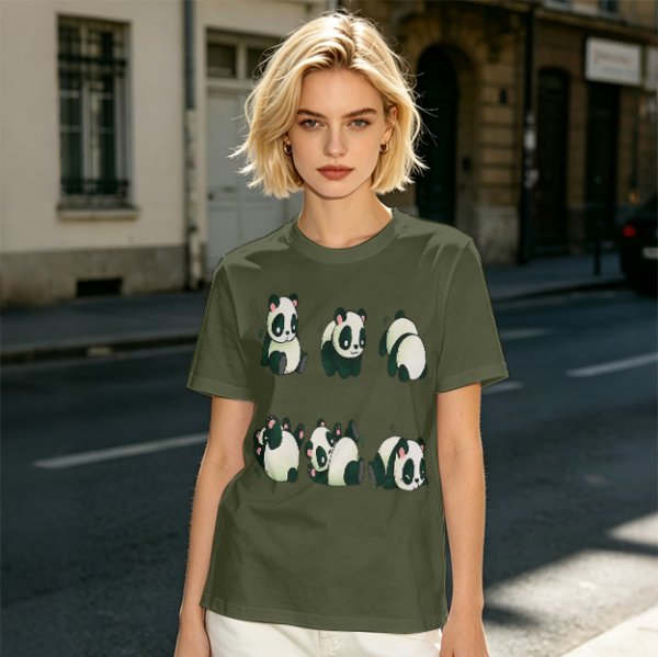 Olive T-Shirt With Cute Rolling Panda Graphic Prints