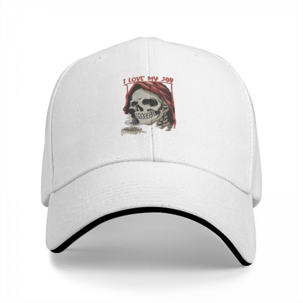 Black baseball cap with 'I Love My Job' grim reaper skull graphic