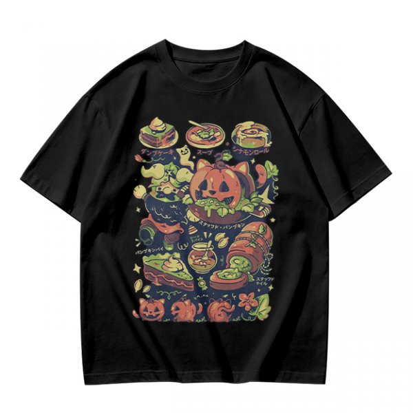 Olive T-Shirt With Halloween Themed Food And Pumpkin Cat Print