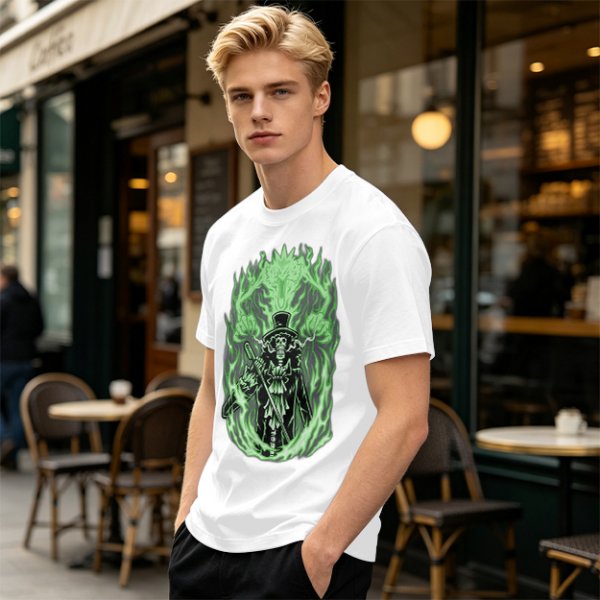 Olive T-Shirt With Skeleton Gentleman And Green Flames Art