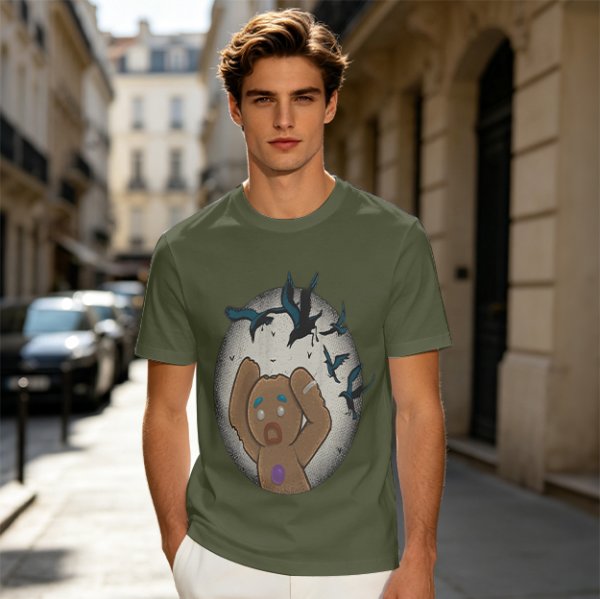 Olive T-shirt with a terrified gingerbread man and flying birds graphic