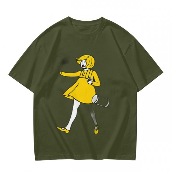 Olive Green T-Shirt With Whimsical Yellow Girl Graphic Print