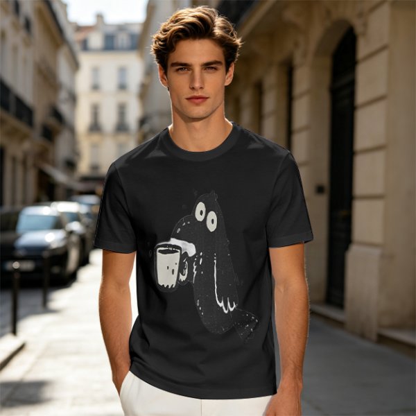 Olive Green T-Shirt With Cartoon Crow Holding Coffee Mug Print