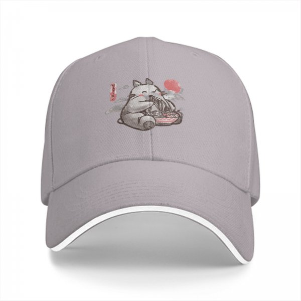 Black baseball cap with cute fox eating ramen sun and cloud design
