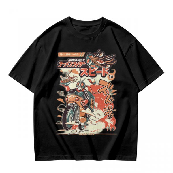 Olive green graphic tee with retro masked rider ramen motorcycle art