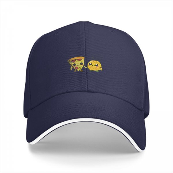 Black Baseball Cap With Cute Pizza And Pineapple Friends Print