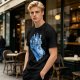 Olive T-shirt with retro blue cartoon car and characters graphic
