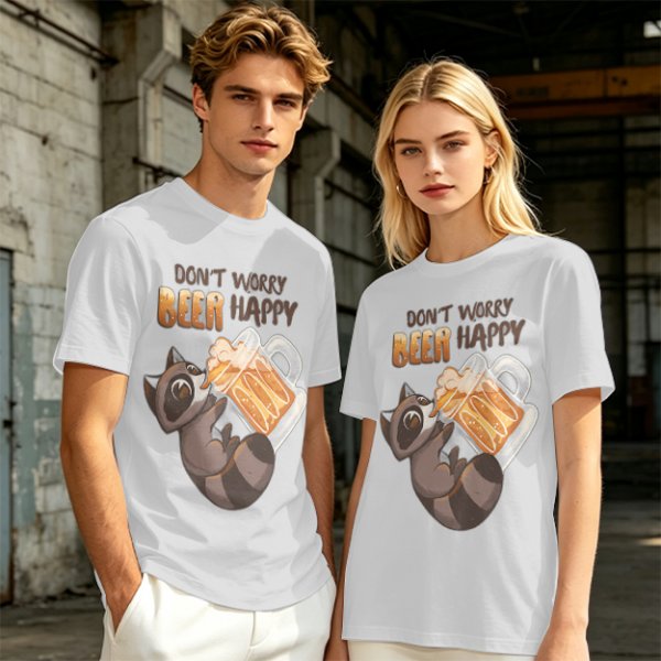 Oversized olive t-shirt with raccoon drinking beer graphic