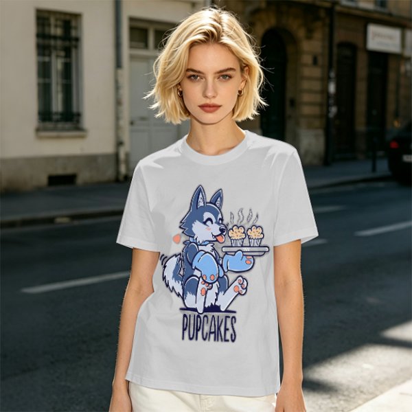 Olive green t-shirt with a husky holding pupcakes graphic
