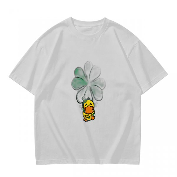 Olive T-shirt with Cute Duck Holding Four-Leaf Clover Print