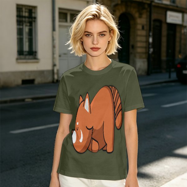 Olive Green T-Shirt With Cute Sleeping Red Panda Graphic