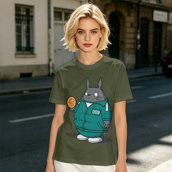 Totoro in Squid Game tracksuit holding umbrella honeycomb cookie t-shirt
