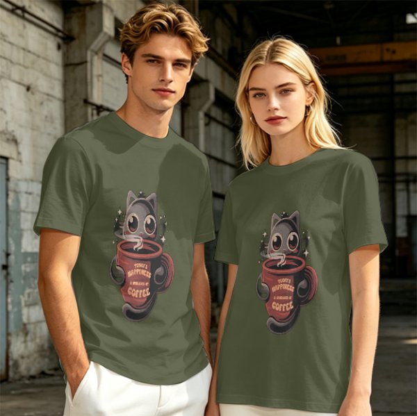 Olive t-shirt with a cartoon cat and coffee cup graphic