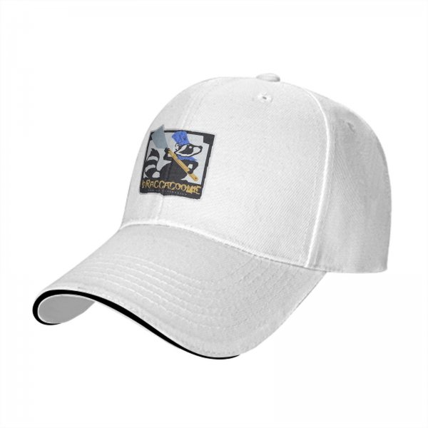 Black baseball cap with raccoon chef graphic and RACCACOOKIE text