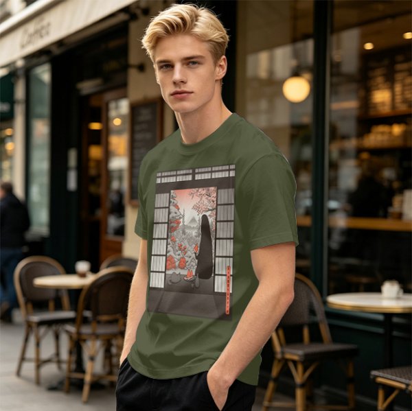 Olive T-Shirt with Japanese Shinto-inspired Window Landscape Print