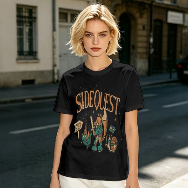 Olive t-shirt with Side Quest fantasy adventure graphic print