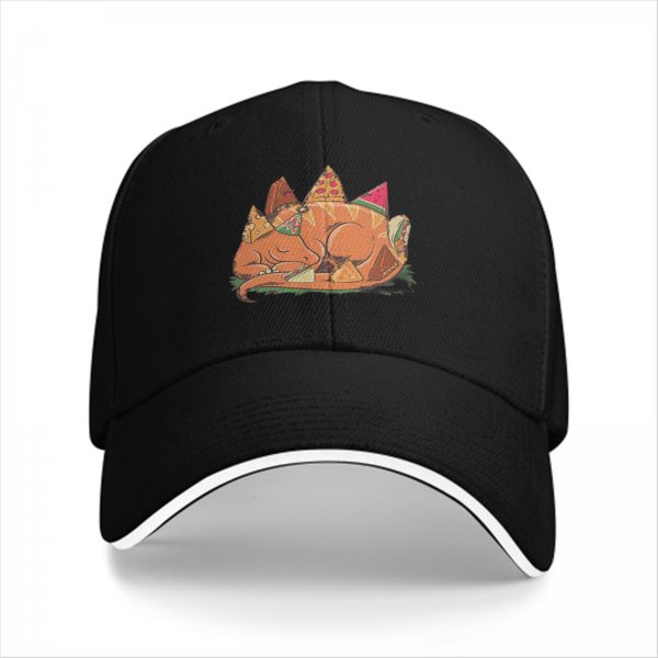 Black baseball cap with sleeping dragon and pizza food art print