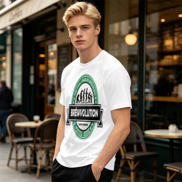 Olive t-shirt with 'Brewvolution' beer evolution graphic design