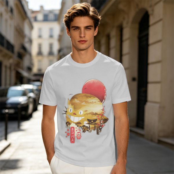 Olive t-shirt with Japanese cat bus and sun graphic