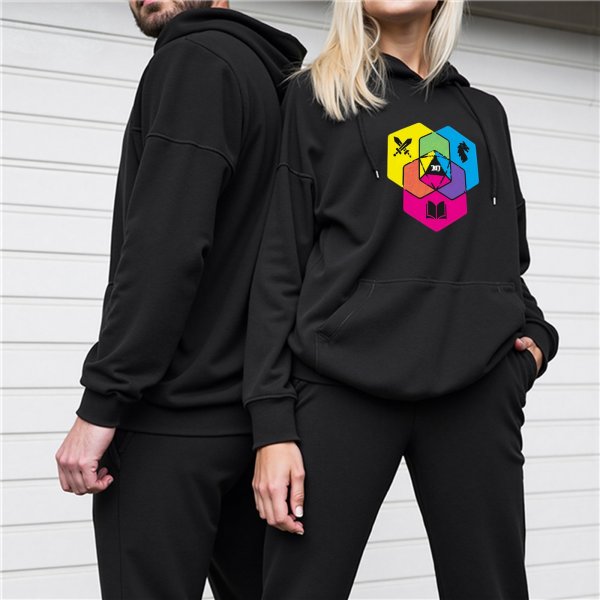Black Hoodie with Colorful Hexagon Fantasy Art Print