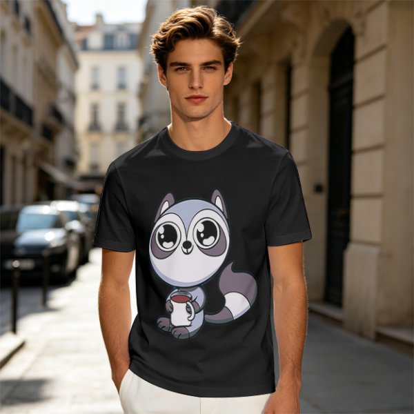 Olive T-Shirt with Cute Raccoon Holding Coffee Mug Print